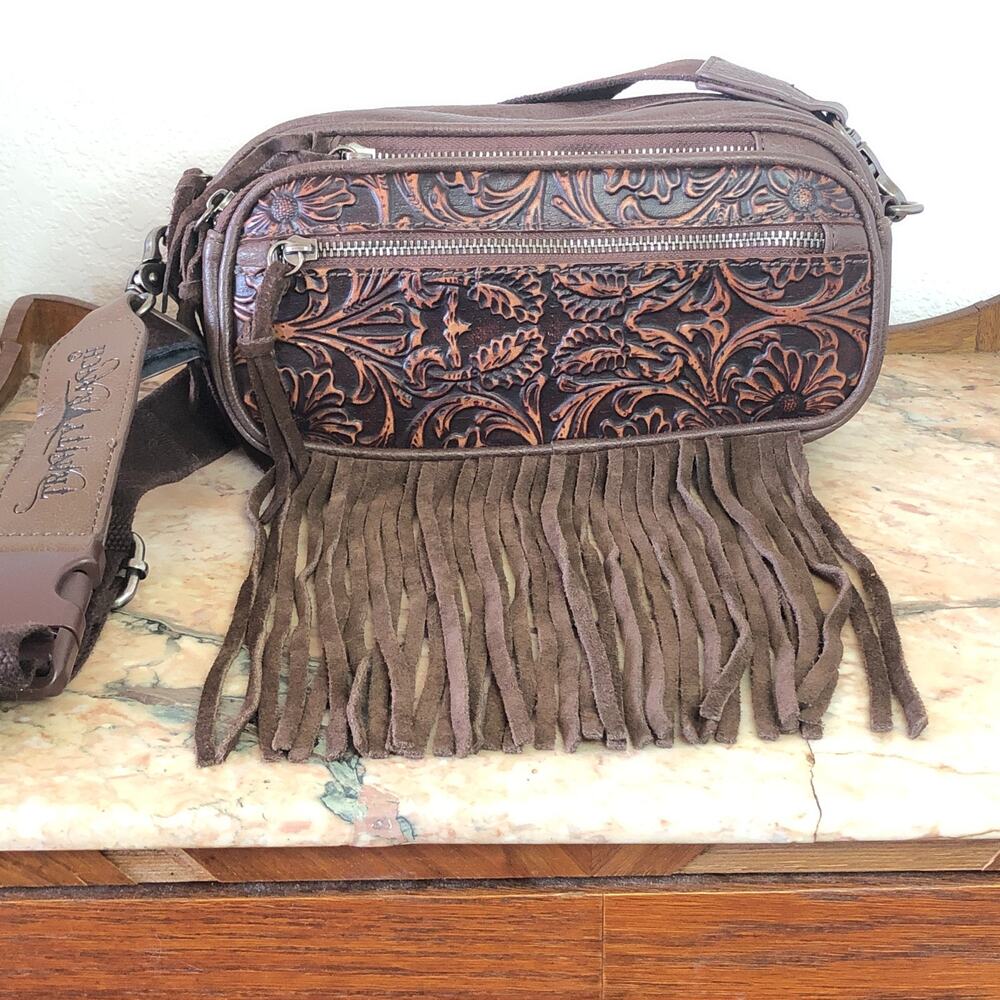 Trinity Ranch Floral Tooled Fringe Belt /Shoulder Bag Western Montana Leather